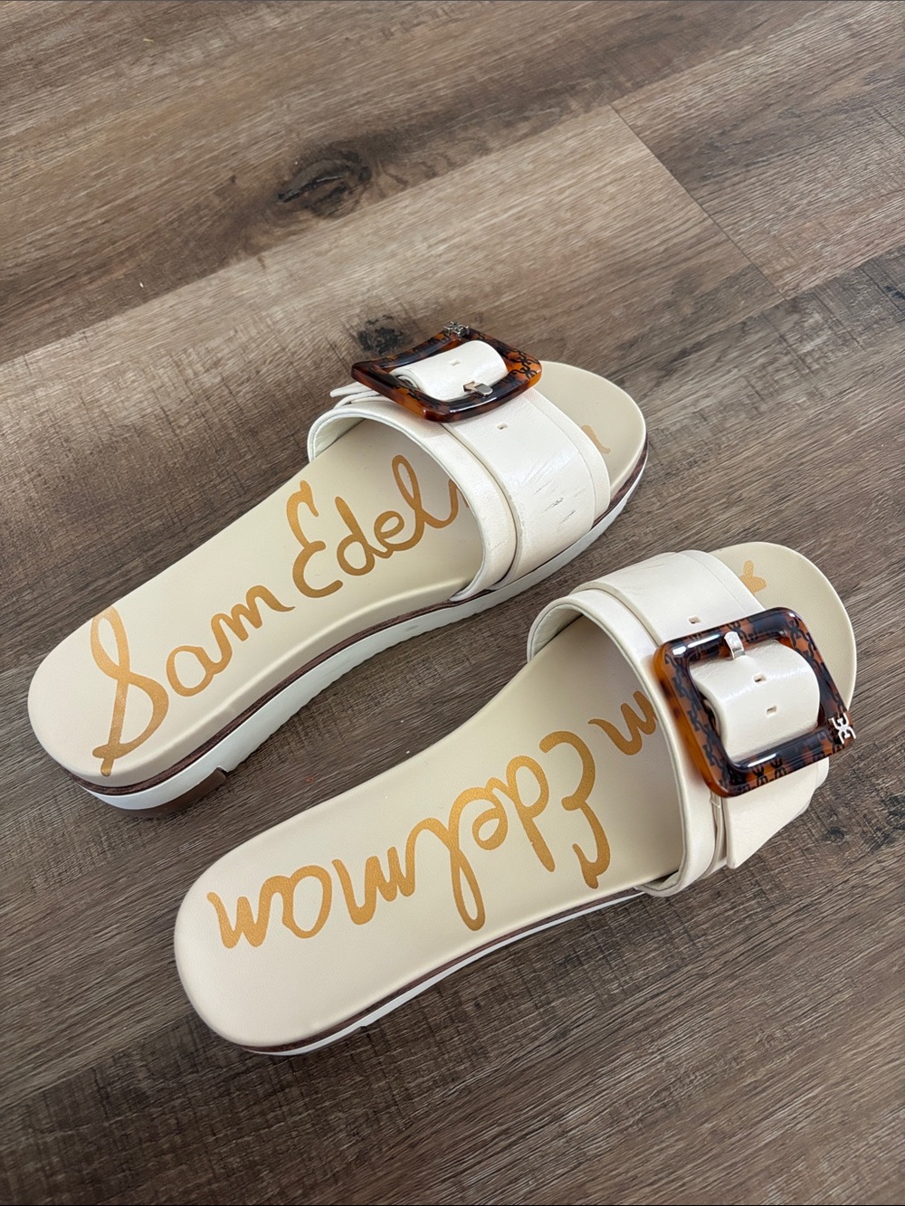 Sam Edelman Ivory Slide Sandals with Tortoiseshell Buckle